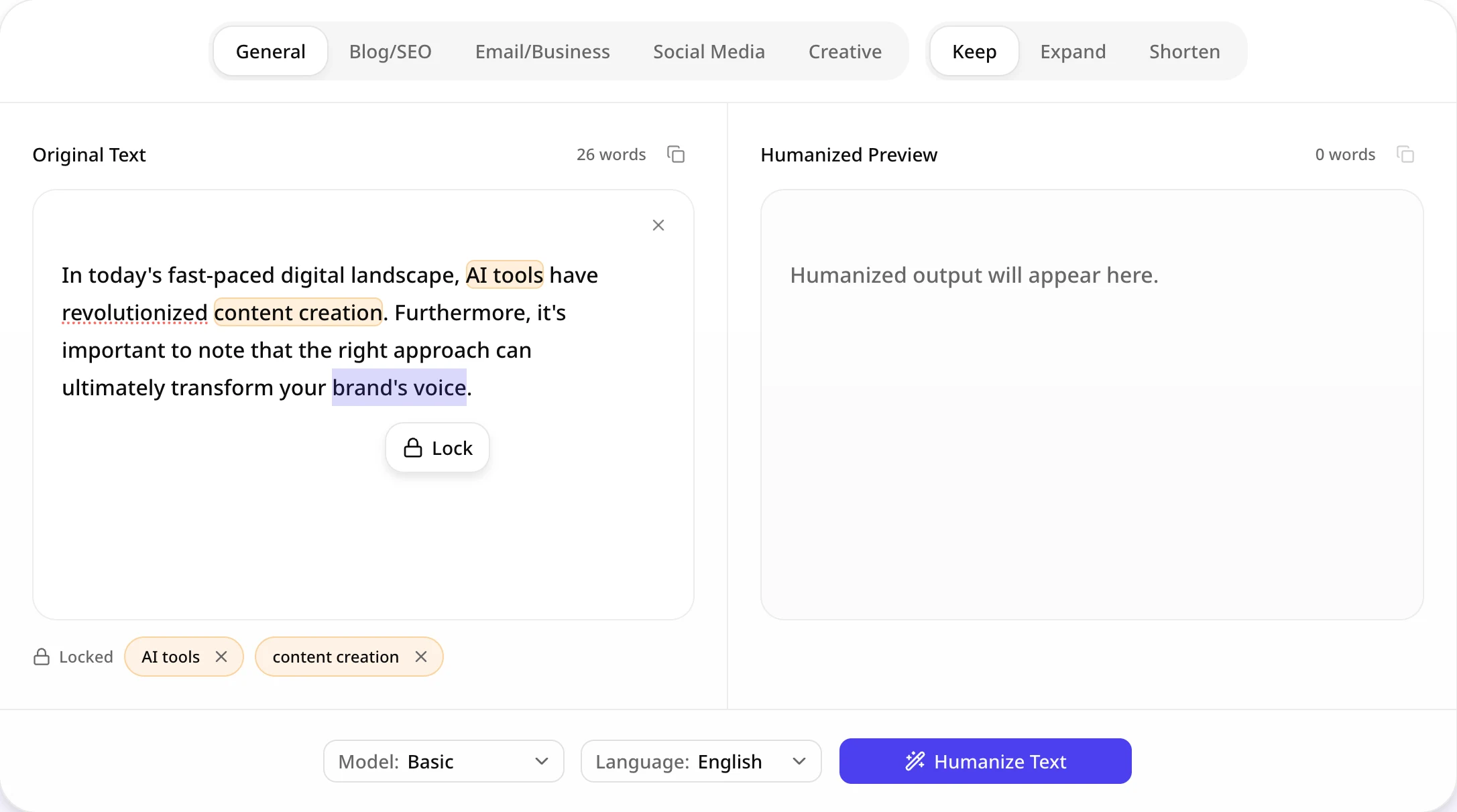 Original draft panel with 'AI tools' and 'content creation' highlighted as locked phrases