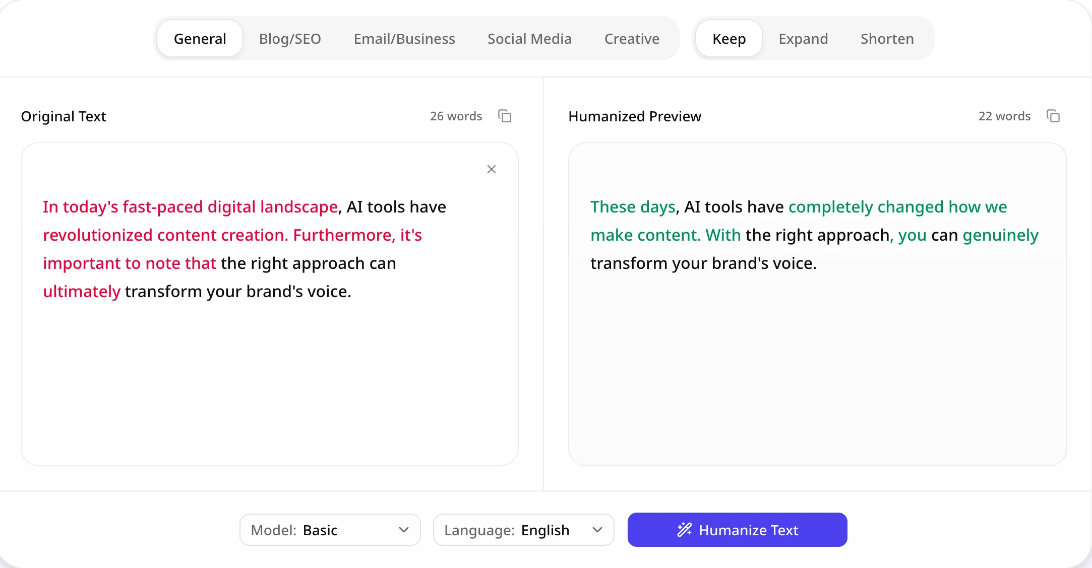 Side-by-side diff showing source phrases in rose and humanized replacements in emerald